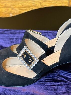 Adrienne Vittadini Black Suede Mary Jane Heels with Crystal Buckle